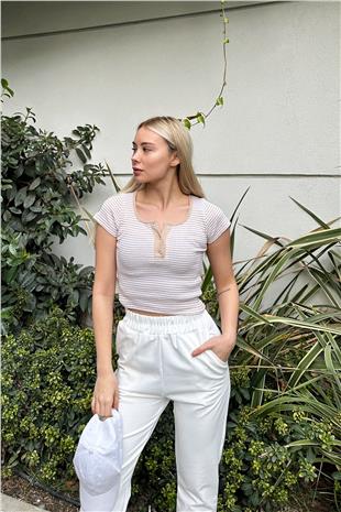 Kadın Bej Çıt Çıt Kapamalı Çizgili Crop Örme Bluz ALC-X11552