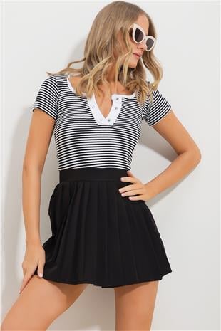 Kadın Beyaz Çıt Çıt Kapamalı Çizgili Crop Örme Bluz ALC-X11552