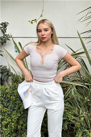 Kadın Bej Çıt Çıt Kapamalı Çizgili Crop Örme Bluz ALC-X11552