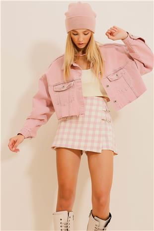 Kadın Pembe Çıtçıt Kapamalı Yıkama Efektli Crop Denim Ceket ALC-X9823