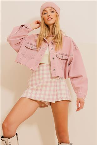 Kadın Pembe Çıtçıt Kapamalı Yıkama Efektli Crop Denim Ceket ALC-X9823