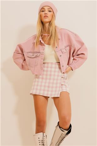 Kadın Pembe Çıtçıt Kapamalı Yıkama Efektli Crop Denim Ceket ALC-X9823