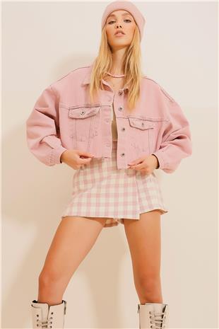 Kadın Pembe Çıtçıt Kapamalı Yıkama Efektli Crop Denim Ceket ALC-X9823