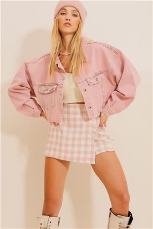 Kadın Pembe Çıtçıt Kapamalı Yıkama Efektli Crop Denim Ceket ALC-X9823