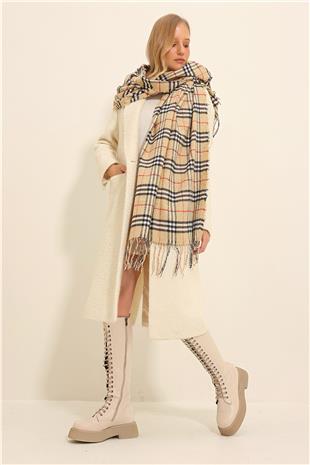Kadın Bej Çizgi Desenli Ekose Şal ALC-X11354