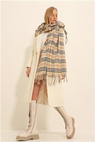 Kadın Bej Çizgi Desenli Ekose Şal ALC-X11354