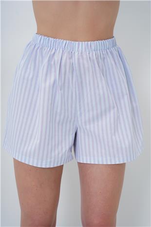 Kadın Bebe Mavi Çizgi Desenli Önü Düğmeli Dokuma Gömlek Ve Şort Pijama Takım PJM-X13891