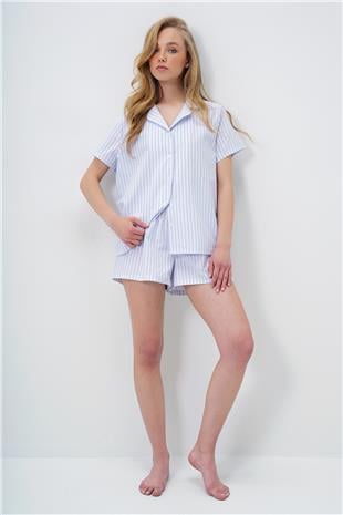Kadın Bebe Mavi Çizgi Desenli Önü Düğmeli Dokuma Gömlek Ve Şort Pijama Takım PJM-X13891