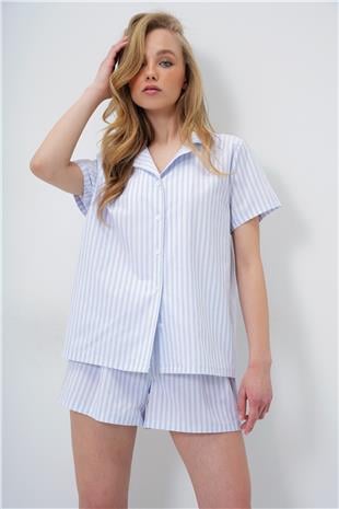 Kadın Bebe Mavi Çizgi Desenli Önü Düğmeli Dokuma Gömlek Ve Şort Pijama Takım PJM-X13891