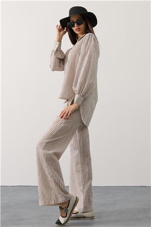 Kadın Beyaz Çizgi Rahat Pantolon Takım VS00579