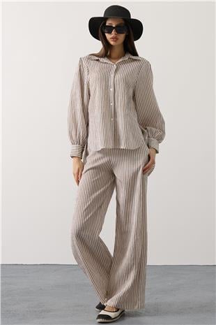 Kadın Beyaz Çizgi Rahat Pantolon Takım VS00579