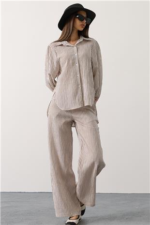Kadın Beyaz Çizgi Rahat Pantolon Takım VS00579