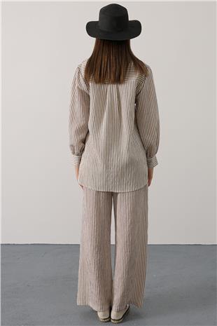 Kadın Beyaz Çizgi Rahat Pantolon Takım VS00579