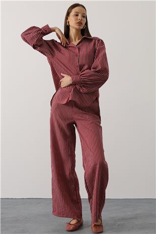 Kadın Bordo Çizgi Rahat Pantolon Takım VS00579