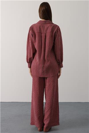 Kadın Bordo Çizgi Rahat Pantolon Takım VS00579