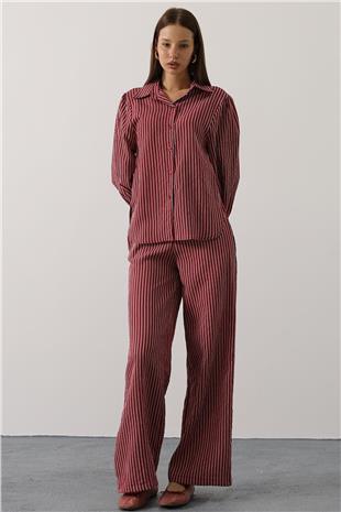 Kadın Bordo Çizgi Rahat Pantolon Takım VS00579