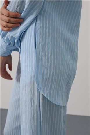 Kadın Mavi Çizgi Rahat Pantolon Takım VS00579