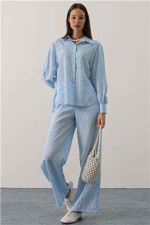 Kadın Mavi Çizgi Rahat Pantolon Takım VS00579