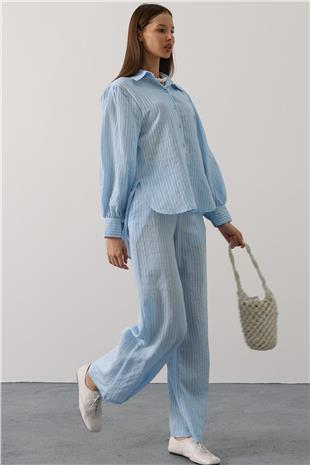 Kadın Mavi Çizgi Rahat Pantolon Takım VS00579