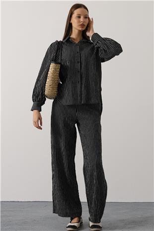 Kadın Siyah Çizgi Rahat Pantolon Takım VS00579