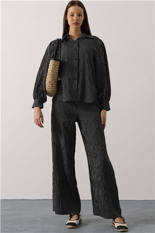 Kadın Siyah Çizgi Rahat Pantolon Takım VS00579