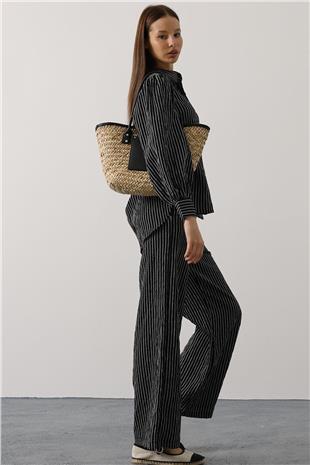 Kadın Siyah Çizgi Rahat Pantolon Takım VS00579