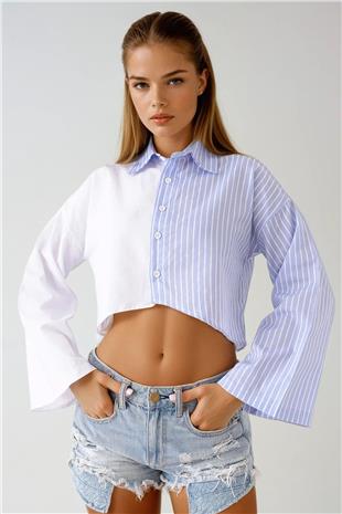 Kadın Beyaz Çizgili Geniş Kollu Crop Gömlek VS00932