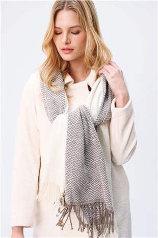 Kadın Bej Çizgili Kalın Şal ALC-A2083