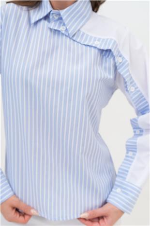 Kadın Mavi Çizgili Kontrast Kol Asimetrik Düğme Detaylı Uzun Kollu Gömlek VS00918