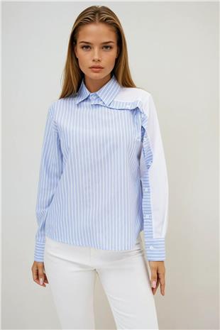 Kadın Mavi Çizgili Kontrast Kol Asimetrik Düğme Detaylı Uzun Kollu Gömlek VS00918