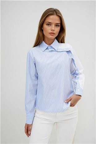 Kadın Mavi Çizgili Kontrast Kol Asimetrik Düğme Detaylı Uzun Kollu Gömlek VS00918
