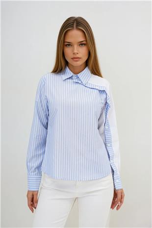 Kadın Mavi Çizgili Kontrast Kol Asimetrik Düğme Detaylı Uzun Kollu Gömlek VS00918