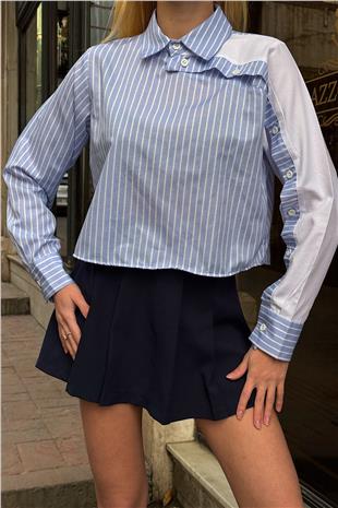 Kadın Mavi Çizgili Kontrast Uzun Kollu Asimetrik Düğme Detaylı Crop Gömlek VS00920