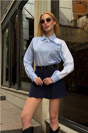 Kadın Mavi Çizgili Kontrast Uzun Kollu Asimetrik Düğme Detaylı Crop Gömlek VS00920