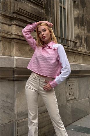 Kadın Pembe Çizgili Kontrast Uzun Kollu Asimetrik Düğme Detaylı Crop Gömlek VS00920