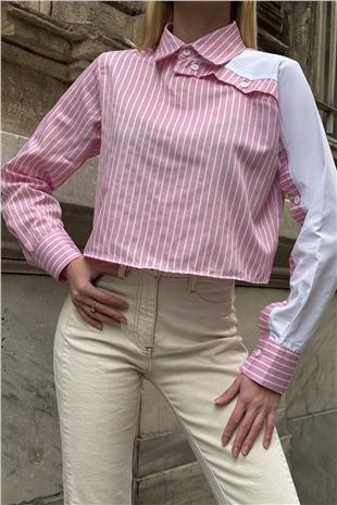 Kadın Pembe Çizgili Kontrast Uzun Kollu Asimetrik Düğme Detaylı Crop Gömlek VS00920