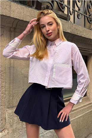 Kadın Pudra Çizgili Oversize Uzun Kollu Düğmeli Manşet Crop Gömlek VS00952
