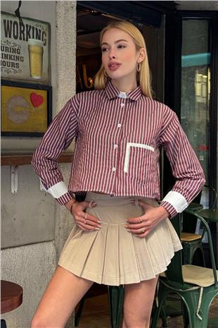 Kadın Pembe Çizgili Oversize Uzun Kollu Düğmeli Manşet Crop Gömlek VS00952