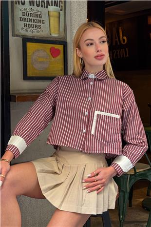 Kadın Pembe Çizgili Oversize Uzun Kollu Düğmeli Manşet Crop Gömlek VS00952
