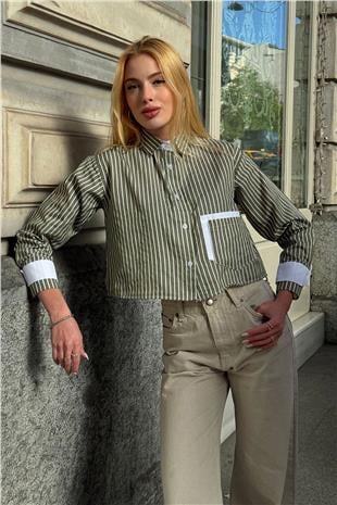 Kadın Yeşil Çizgili Oversize Uzun Kollu Düğmeli Manşet Crop Gömlek VS00952