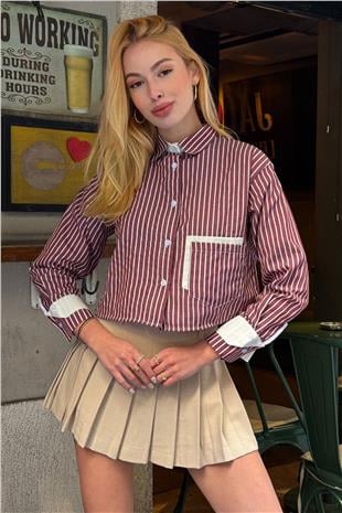 Kadın Pembe Çizgili Oversize Uzun Kollu Düğmeli Manşet Crop Gömlek VS00952