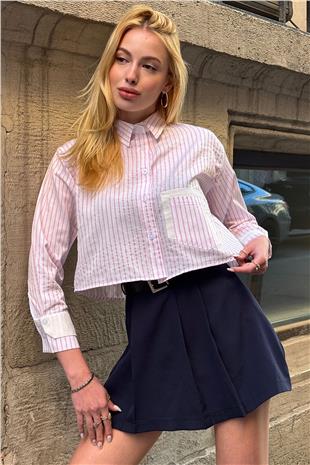 Kadın Pudra Çizgili Oversize Uzun Kollu Düğmeli Manşet Crop Gömlek VS00952
