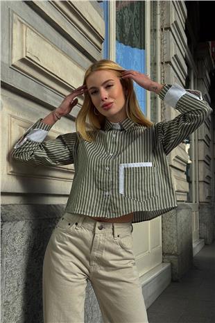 Kadın Yeşil Çizgili Oversize Uzun Kollu Düğmeli Manşet Crop Gömlek VS00952