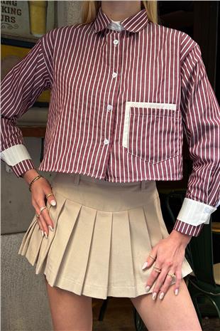 Kadın Pembe Çizgili Oversize Uzun Kollu Düğmeli Manşet Crop Gömlek VS00952