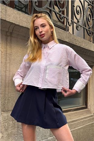 Kadın Pudra Çizgili Oversize Uzun Kollu Düğmeli Manşet Crop Gömlek VS00952