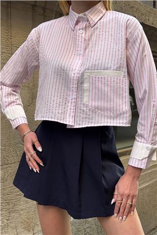 Kadın Pudra Çizgili Oversize Uzun Kollu Düğmeli Manşet Crop Gömlek VS00952