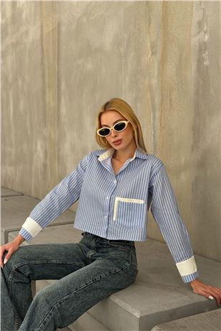 Kadın Mavi Çizgili Oversize Uzun Kollu Düğmeli Manşet Crop Gömlek VS00952