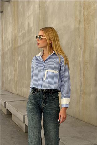 Kadın Mavi Çizgili Oversize Uzun Kollu Düğmeli Manşet Crop Gömlek VS00952