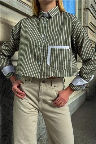 Kadın Yeşil Çizgili Oversize Uzun Kollu Düğmeli Manşet Crop Gömlek VS00952