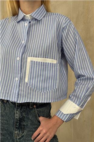 Kadın Mavi Çizgili Oversize Uzun Kollu Düğmeli Manşet Crop Gömlek VS00952